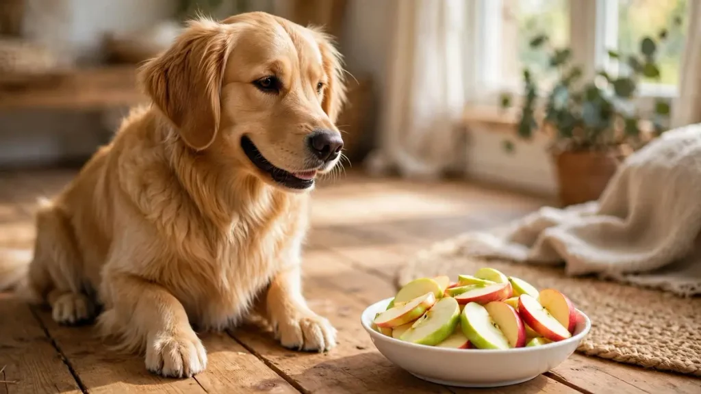 Happy golden retriever sitting on wooden floor next to a white bowl filled with sliced red and green apples
