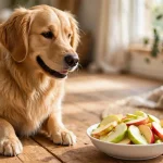 Can Dogs Eat Apples? Benefits, Risks, Seeds & Safe Serving Tips 2 Happy golden retriever sitting on wooden floor next to a white bowl filled with sliced red and green apples