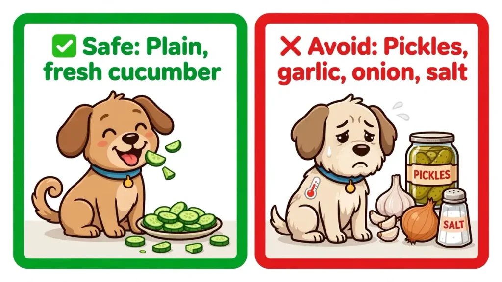 Side-by-side comparison graphic for dogs and cucumber. Left panel (green border, checkmark): “Safe: Plain, fresh cucumber” shows a happy brown puppy with a blue collar excitedly eating sliced cucumber from a plate. Right panel (red border, X): “Avoid: Pickles, garlic, onion, salt” shows a sad, sweaty white puppy next to a jar of pickles, garlic bulbs, an onion, and a salt shaker, with a fever thermometer icon.