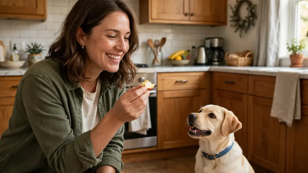Smiling woman in a kitchen holding a piece of apple while a happy yellow Labrador looks up eagerly, ready for a treat