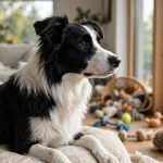 Black and white Border Collie resting on a beige dog bed in a bright living room, looking toward a large window with many dog toys scattered on the floor