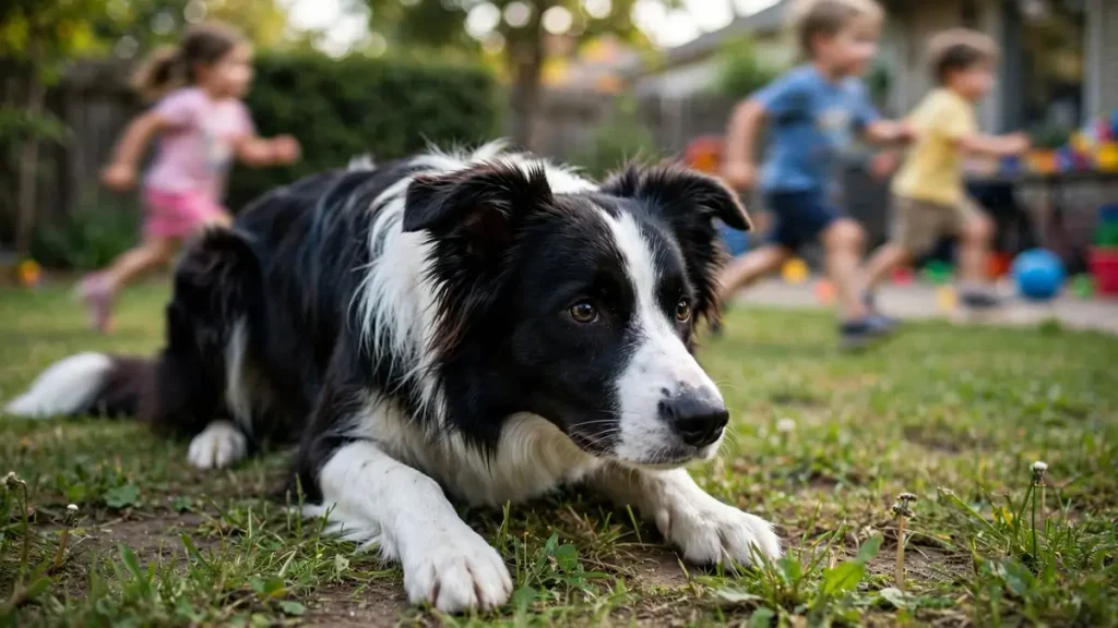 Black and white Border Collie lying on the grass in the foreground looking at the camera, with blurred children running and playing in a sunny backyard behind it