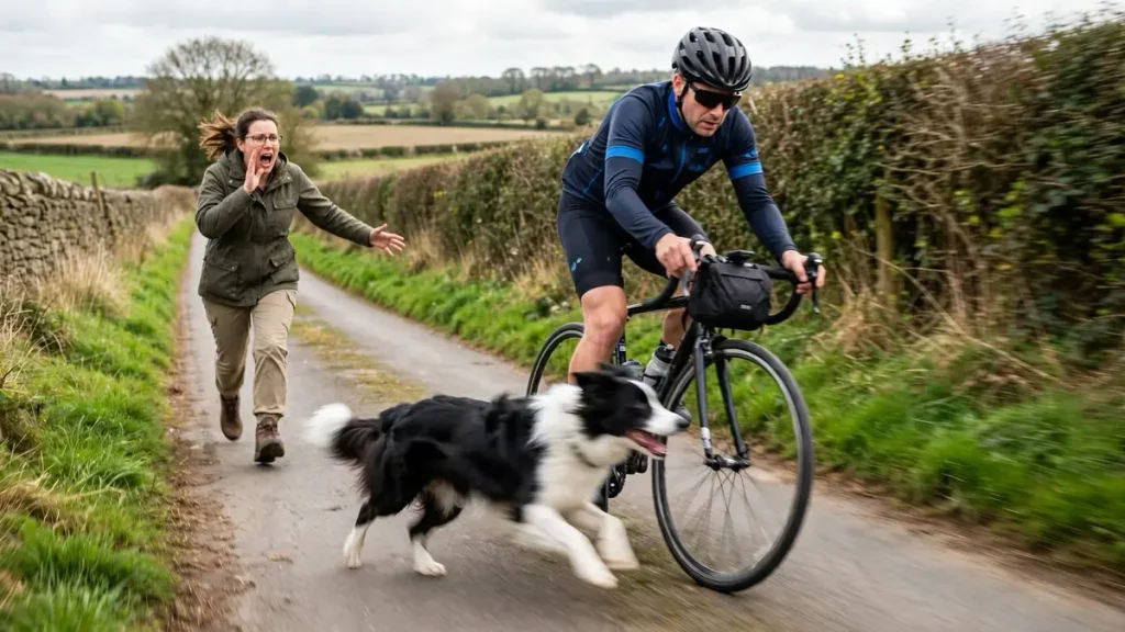 A Border Collie in full chase mode next to a bike — intense prey and herding drive can create real safety and control challenges outdoors