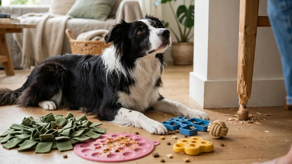 Black and white Border Collie lying on a wooden floor looking up, surrounded by puzzle toys, a snuffle mat, a lick mat, scattered treats, and a chewed table leg with wood shavings