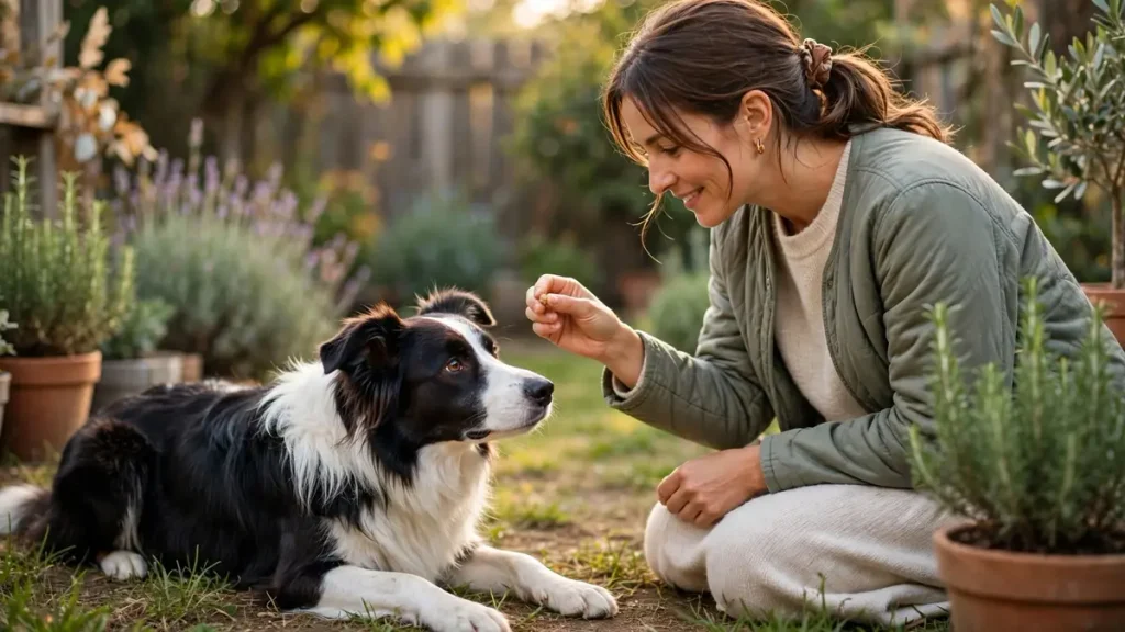 Woman kneeling in a sunny garden offering a small treat to a black and white Border Collie lying attentively on the grass