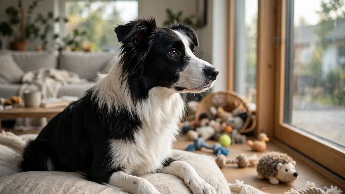 Black and white Border Collie resting on a beige dog bed in a bright living room, looking toward a large window with many dog toys scattered on the floor