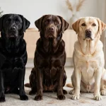 Black, chocolate, and yellow Labrador Retrievers sitting side by side on a light rug in a modern living room, looking toward the camera