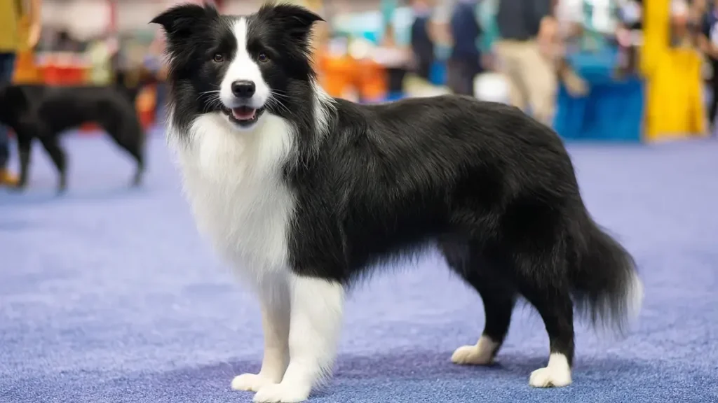 Black and White Border Collie: The Complete Guide to the Classic Herding Dog (2026) 6 Black and white Border Collie standing in a show pose (stacked position), alert and groomed, displaying classic Irish spotting with white blaze, full collar, chest, legs, and tail tip against a black body coat.