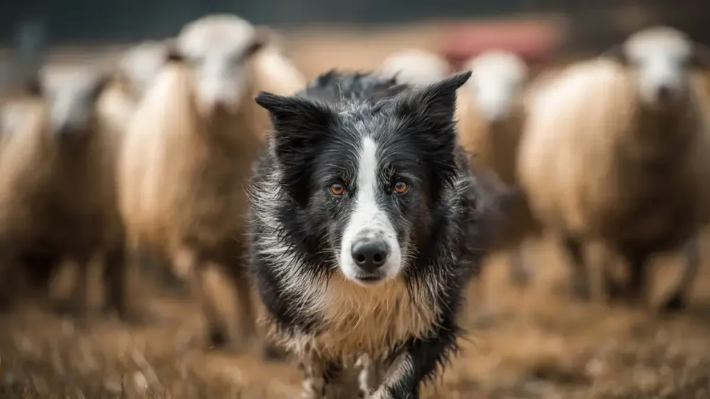 Black and White Border Collie: The Complete Guide to the Classic Herding Dog (2026) 8 Intense black and white Border Collie herding sheep, in focused working stance with classic Irish spotting markings including white blaze, collar, chest, and paws, eyes locked on the flock in a field.