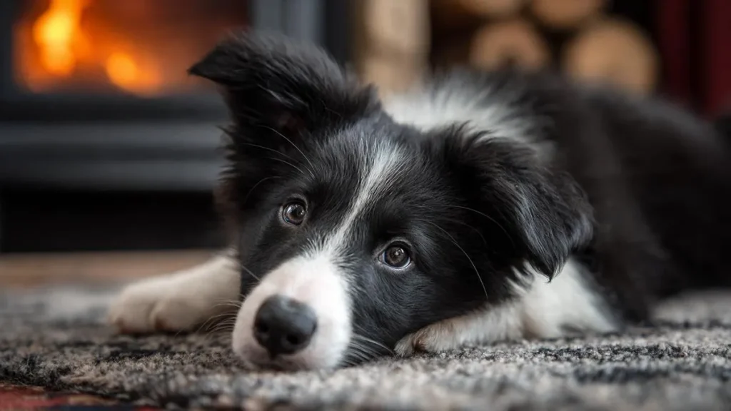 Black and White Border Collie: The Complete Guide to the Classic Herding Dog (2026) 11 Relaxed black and white Border Collie lying down in a cozy pose, displaying classic Irish spotting with white blaze on face, collar, chest, paws, and tail tip, calm expression with bright eyes.