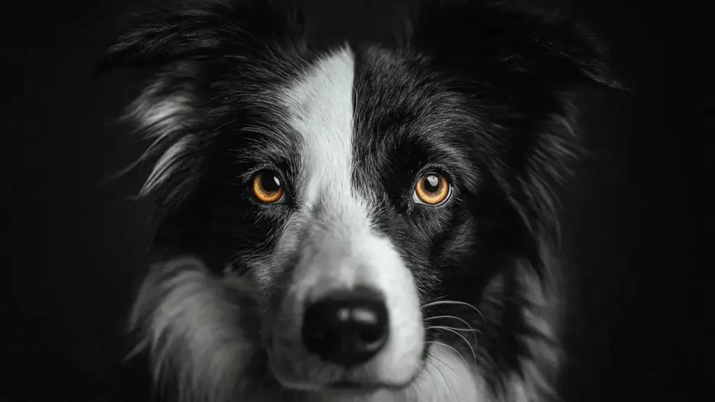 Black and White Border Collie: The Complete Guide to the Classic Herding Dog (2026) 5 Black and white Border Collie with a distinctive split face pattern—one side of the face predominantly black, the other white—featuring classic Irish spotting elements like white blaze asymmetry, alert expression, and bright eyes.