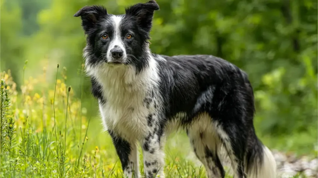 Black and White Border Collie: The Complete Guide to the Classic Herding Dog (2026) 10 Black and white Border Collie with ticked markings—small black freckles or spots within white areas on legs, muzzle, and blaze—standing alert in a grassy outdoor setting, showing classic Irish spotting base with white collar, chest, and paws.