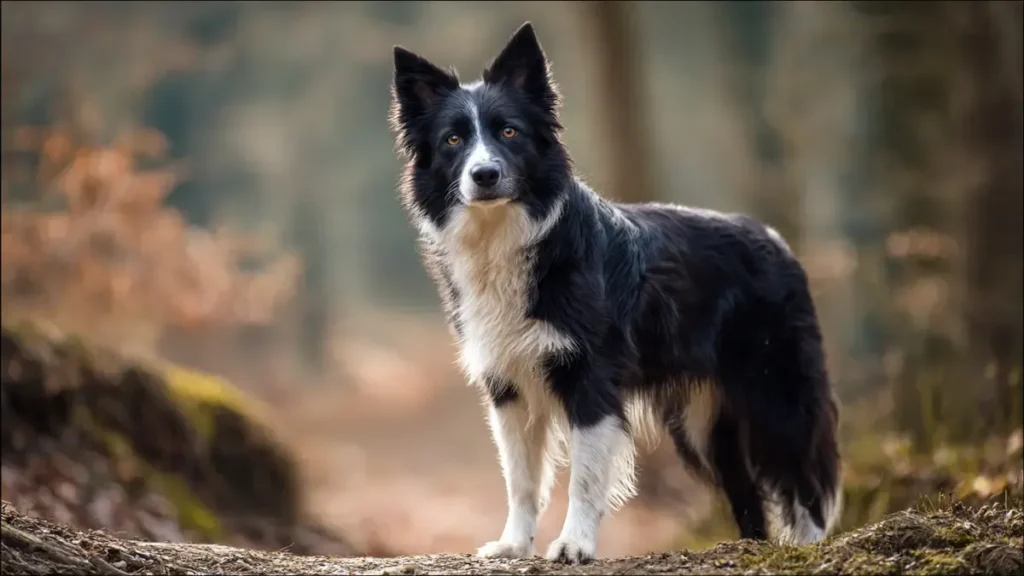 Black and White Border Collie: The Complete Guide to the Classic Herding Dog (2026) 4 Sleek smooth-coated black and white Border Collie with short fur, displaying classic Irish spotting including white blaze, collar, chest, paws, and tail tip, standing alert outdoors.