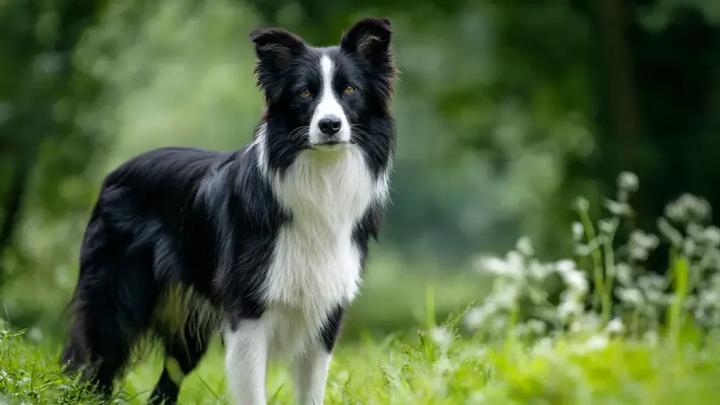 Black and White Border Collie: The Complete Guide to the Classic Herding Dog (2026) 2 Side profile of a striking black and white Border Collie standing alert outdoors, displaying classic Irish spotting with white blaze, collar, chest, paws, and tail tip.