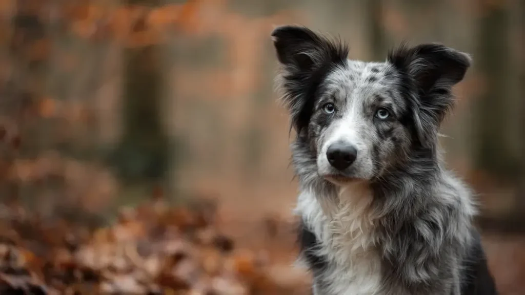 Blue merle Border Collie with smoky gray slate base coat, irregular black mottled patches, white Irish spotting blaze collar chest and legs, showcasing unique marbled pattern and expressive eyes in Border Collie color variations