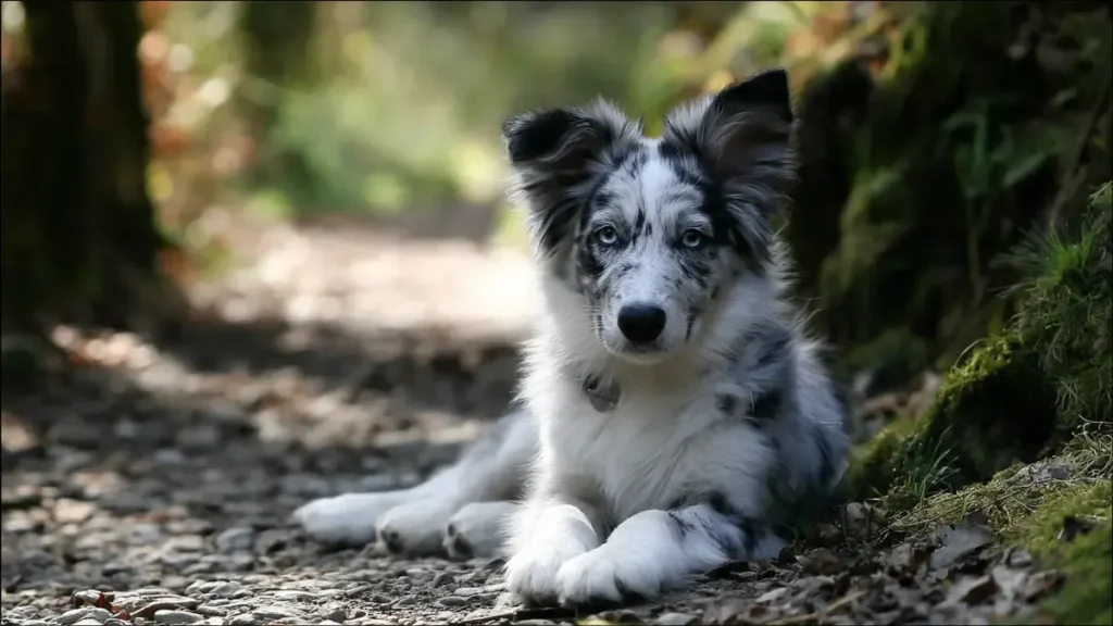 Blue Merle Border Collie Guide: Genetics, Temperament, Price & Care 2 Blue Merle Border Collie standing in profile, showcasing marbled blue-grey coat, heterochromatic eyes (one blue, one brown), and mottled pink-and-black paw pads.
