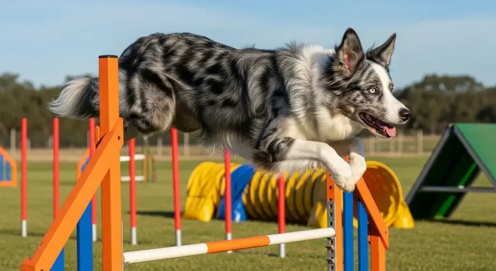 Blue Merle Border Collie Guide: Genetics, Temperament, Price & Care 8 A Blue Merle Border Collie jumps over an agility course obstacle, its marbled coat visible, in a training field with colorful equipment.
