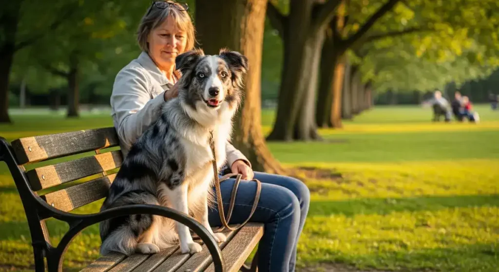Blue Merle Border Collie Guide: Genetics, Temperament, Price & Care 6 A Blue Merle Border Collie with a marbled coat and heterochromatic eyes sits beside its owner on a park bench in a serene, tree-lined park.