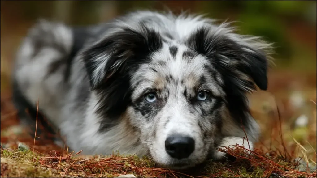Blue Merle Border Collie Guide: Genetics, Temperament, Price & Care 7 Senior Blue Merle Border Collie resting peacefully in a sunlit field, showcasing its marbled blue-grey coat, wise expression, and signs of graceful aging like greying muzzle and relaxed posture.