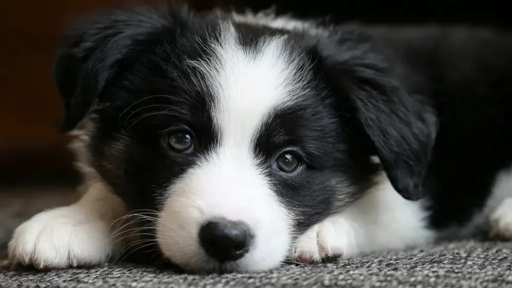 Black and White Border Collie: The Complete Guide to the Classic Herding Dog (2026) 3 Cute black and white Border Collie puppy with classic Irish spotting markings, including white blaze on face, chest, and paws, looking at the camera with bright eyes.