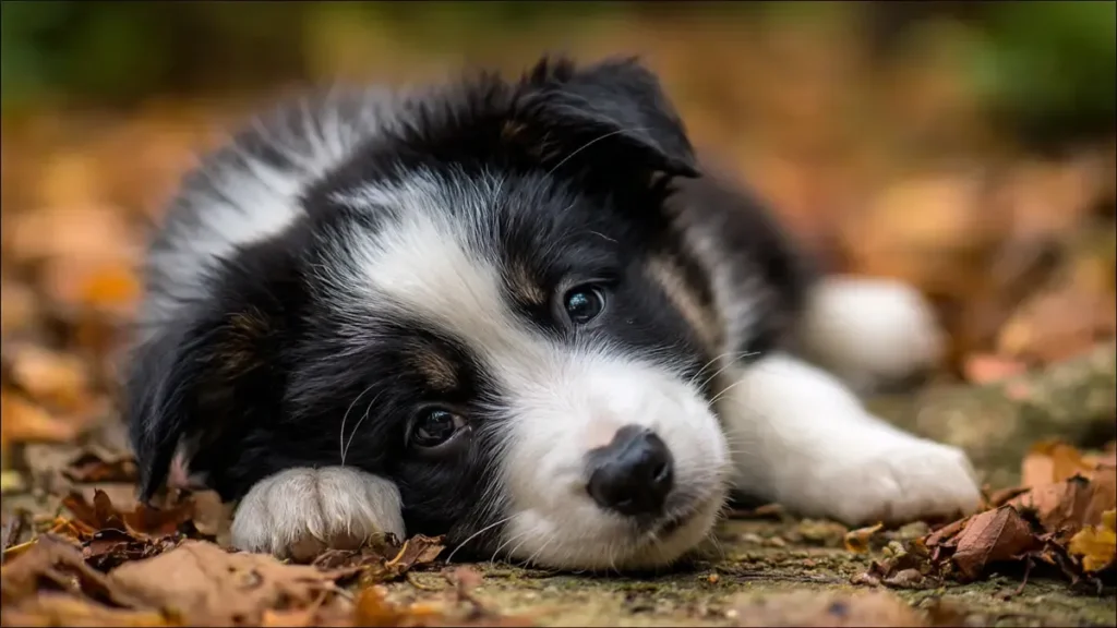 Black and White Border Collie: The Complete Guide to the Classic Herding Dog (2026) 7 Adorable black and white Border Collie puppy in a playful pose, showing traditional Irish spotting with white blaze on face, chest, and paws, bright eyes, and fluffy coat typical of young herding dogs.
