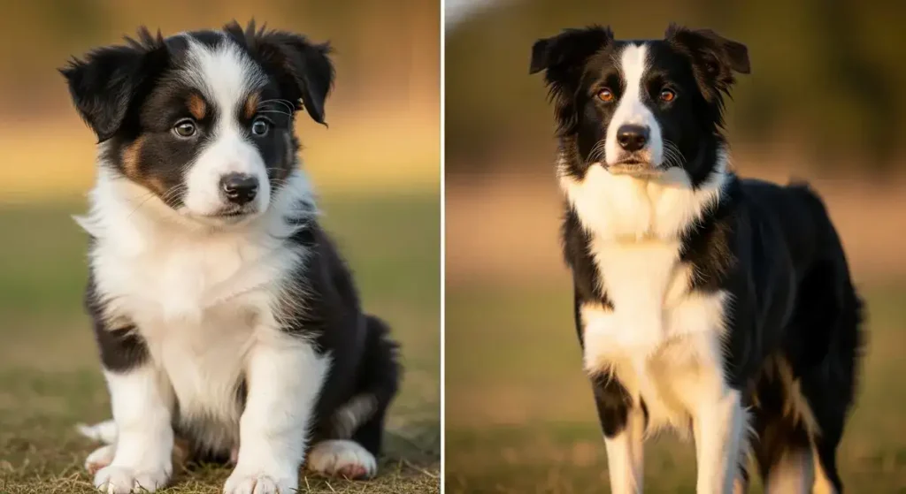 The Complete Guide to Border Collie Size: Height, Weight, and What to Expect as They Grow 4 Side-by-side photo of a mature black-and-white Border Collie with focused eyes standing beside a fluffy Border Collie puppy sitting on grass, highlighting differences in size, coat texture, and demeanor.