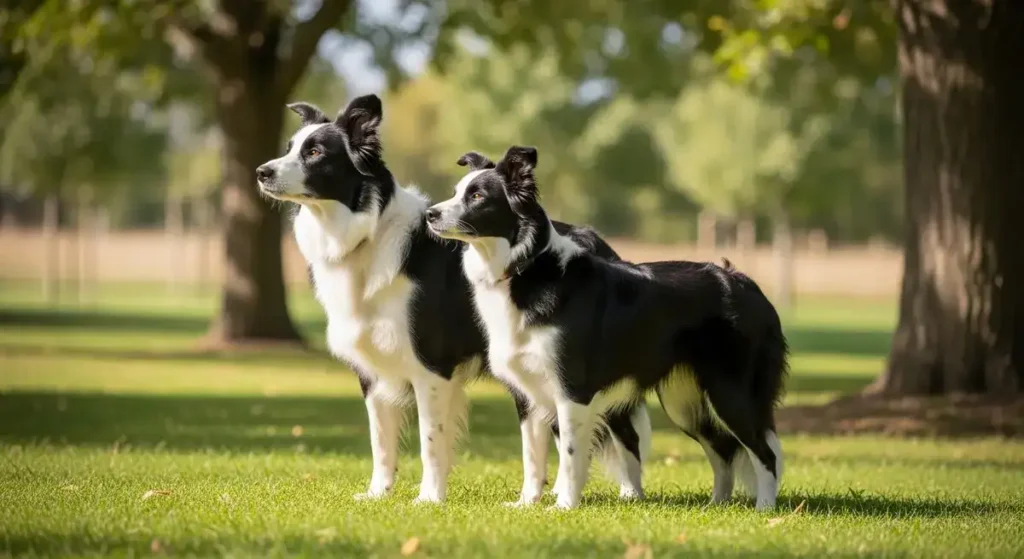 The Complete Guide to Border Collie Size: Height, Weight, and What to Expect as They Grow 3 Side-by-side photo of a male Border Collie (larger, more muscular) and a female Border Collie (slightly smaller, leaner) standing calmly on grass, illustrating typical physical differences between genders.