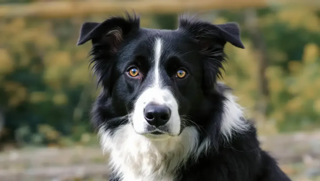Close-up of a black and white Border Collie showcasing the classic Irish spotting pattern with white blaze, collar, chest markings, and expressive dark eyes