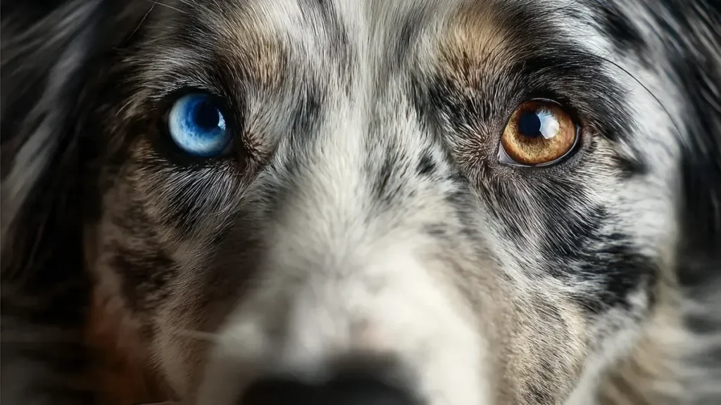 Blue Merle Border Collie Guide: Genetics, Temperament, Price & Care 9 Close-up of a Blue Merle Border Collie’s face, showcasing striking heterochromatic eyes (one blue, one brown), a marbled blue-grey coat, and a focused, intelligent expression.