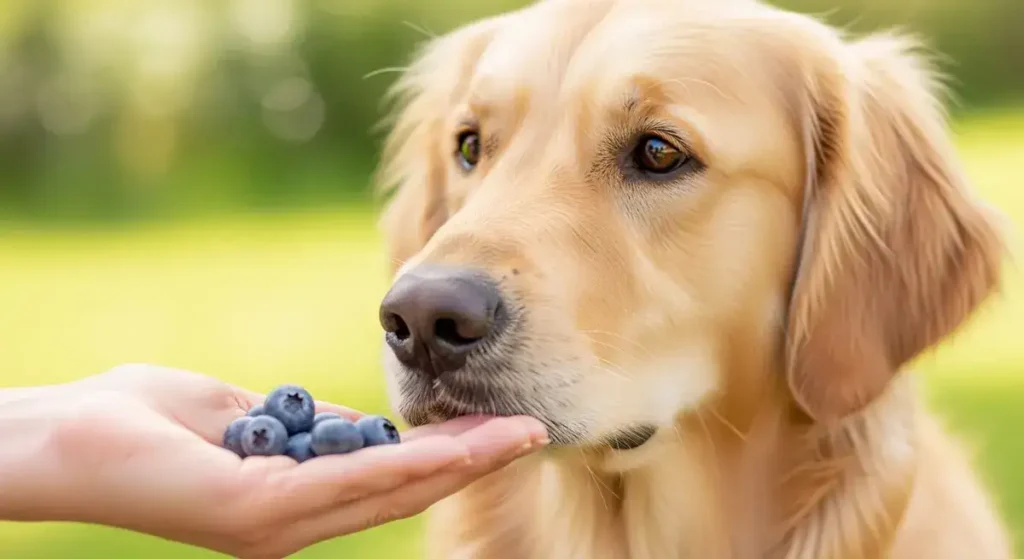 Can Dogs Eat Blueberries? 6 A dog sniffing fresh blueberries in a person's hand