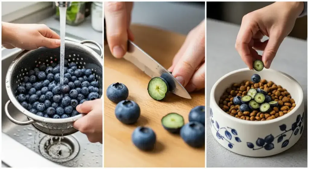 Can Dogs Eat Blueberries? 3 A collage or series of three images showing the preparation steps:Step 1: Washing blueberries in a colander.Step 2: Cutting a blueberry in half on a cutting board.Step 3: Adding the prepared blueberries to a dog's food bowl.