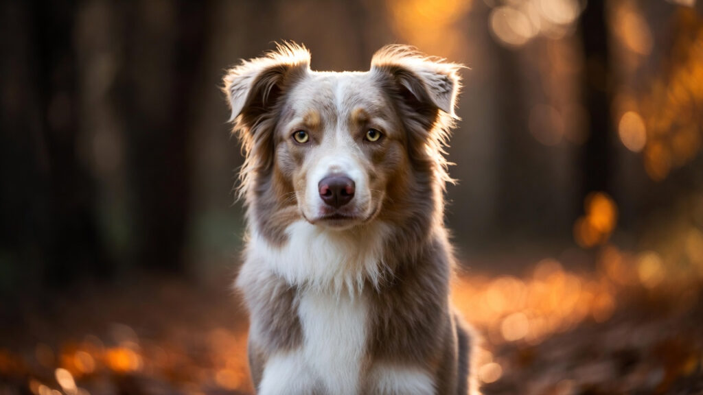 Lilac Border Collie with soft pale lavender-gray and dusty rose coat, warm beige undertones, classic white Irish spotting blaze collar chest and legs, pale liver-pinkish nose, light luminous eyes, showcasing rare double dilution color variation in Border Collies