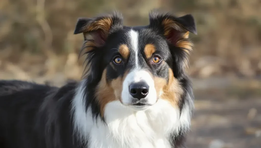 Attentive tricolor Border Collie with black base coat, white Irish spotting markings, and distinct rust tan points on eyebrows cheeks and legs showcasing expressive face