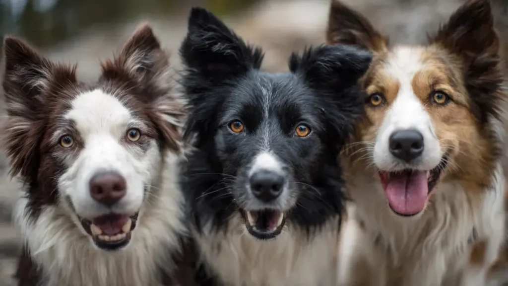 Border Collie showcasing multiple coat colors including black and white, blue merle, red, lilac, sable, and tricolor variations in a colorful collage