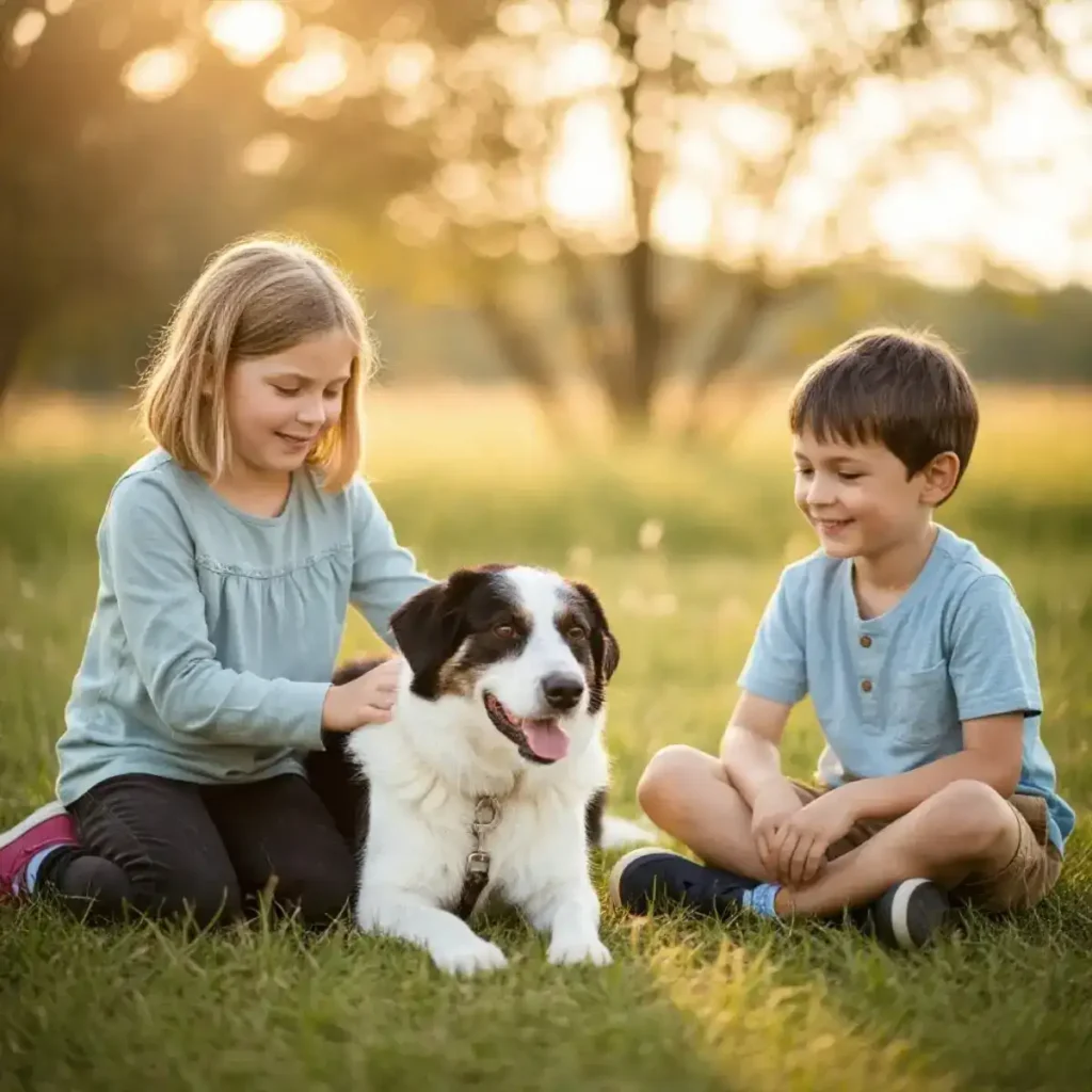 Are Boradors Good Dogs? A Complete Guide to the Labrador–Border Collie Mix 3 A Borador dog playing gently with a young child in a backyard