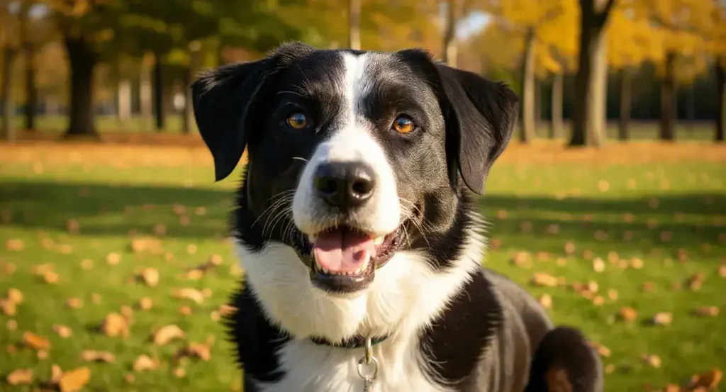 Are Boradors Good Dogs? A Complete Guide to the Labrador–Border Collie Mix 2 A happy Borador dog, a Border Collie Lab mix, sitting in a park