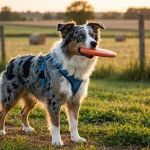 Blue merle Border Aussie dog wearing a blue harness standing in a grassy field and holding an orange frisbee in its mouth during golden hour