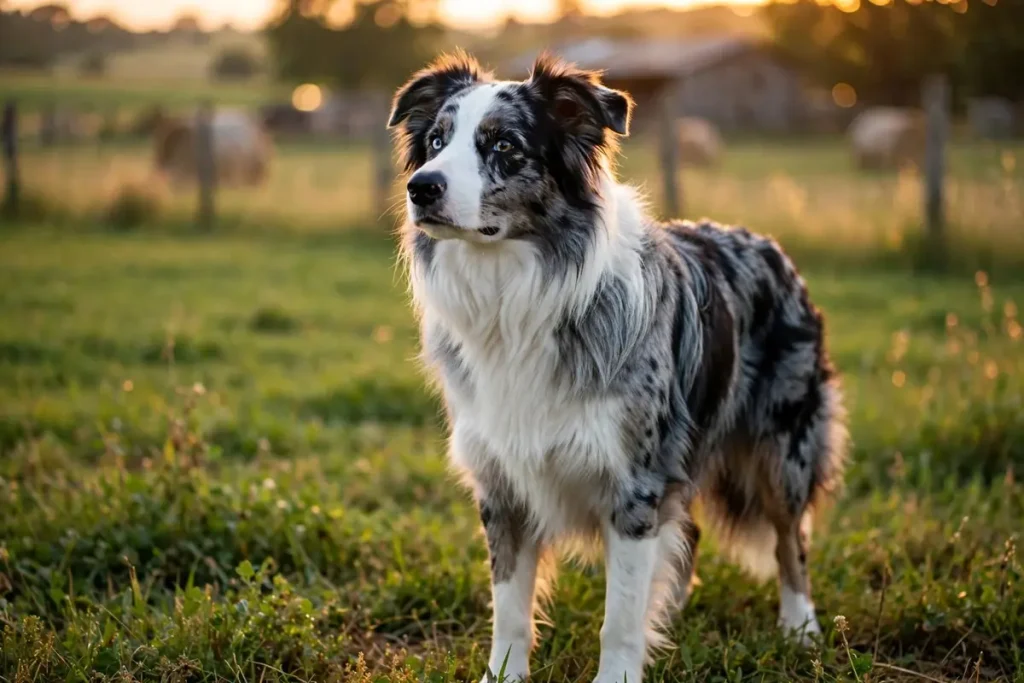 Blue merle Border Aussie dog with blue eyes standing in a grassy field at sunset, looking to the side with soft golden light highlighting its fluffy coat