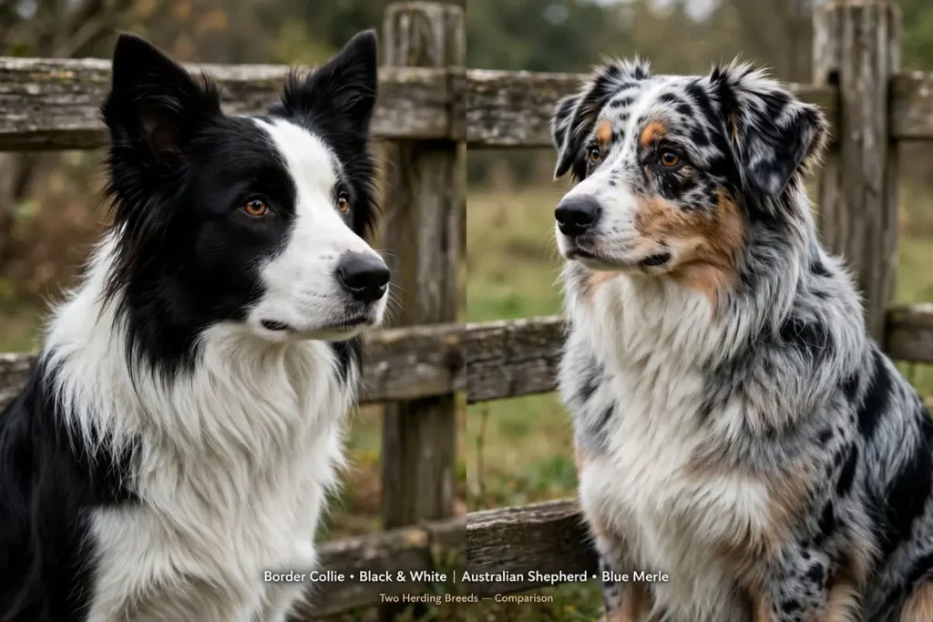 Side-by-side comparison of a black and white Border Collie on the left and a blue merle Australian Shepherd on the right, both sitting in front of a wooden fence