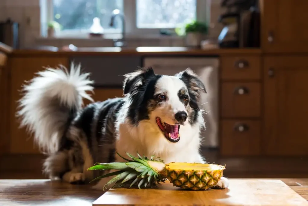 Fresh pineapple chunks and slices with a dog in the background, illustrating if dogs can safely eat pineapple as a treat