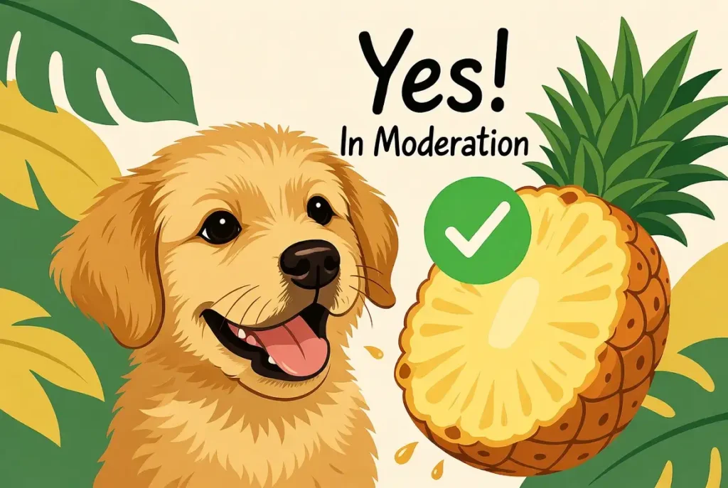 Close-up of fresh pineapple chunks prepared for dogs, showing safe edible portions with skin and core removed, highlighting this tropical fruit as a healthy, vitamin-rich snack option
