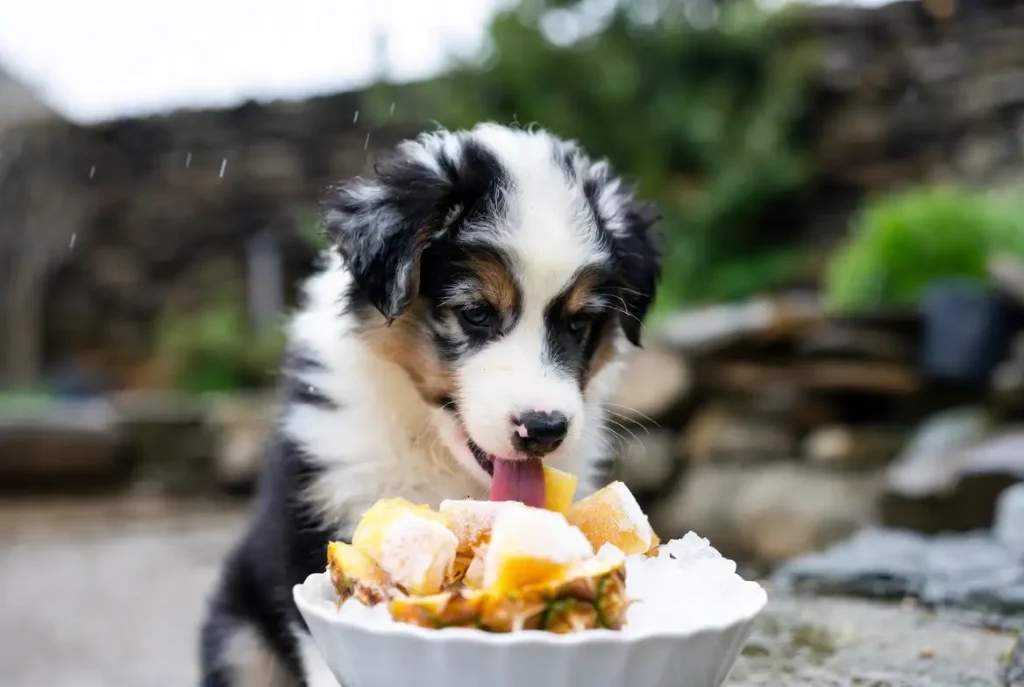 Cute tricolor Australian Shepherd puppy licking frozen pineapple chunks from a white bowl in an outdoor garden setting, demonstrating a fun, hydrating way to serve this dog-safe tropical fruit