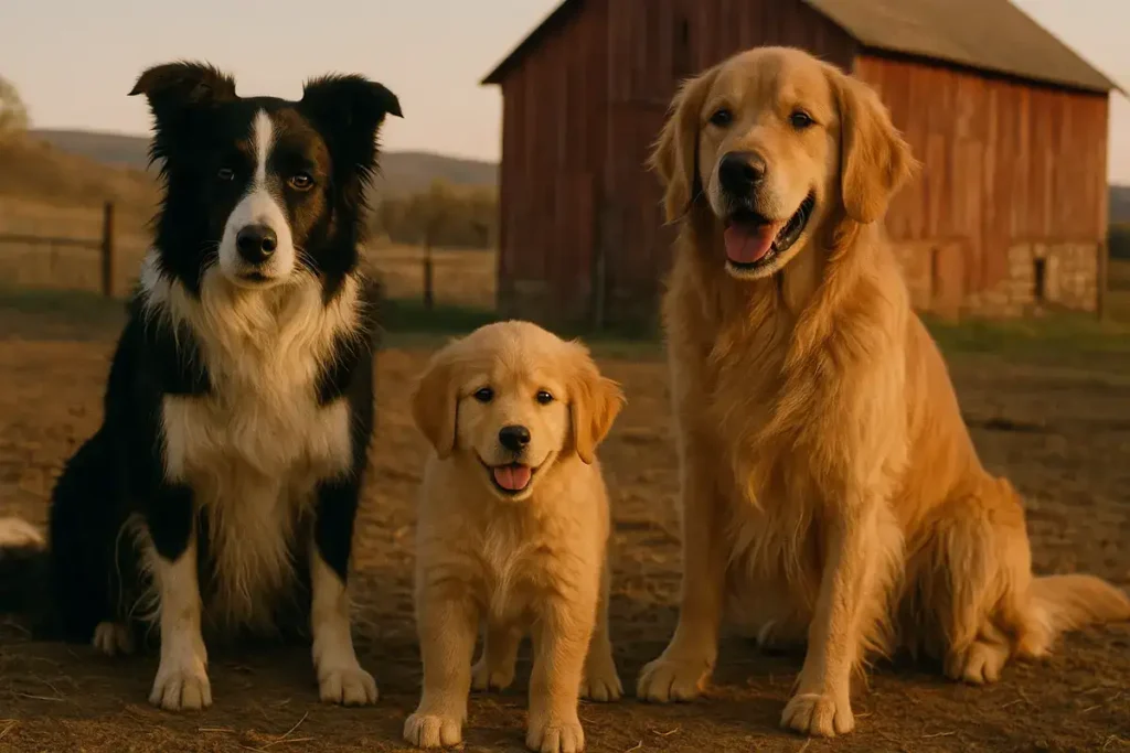 An energetic Coltreiver (Golden Retriever x Border Collie mix) standing proudly outdoors with a wavy tri-color coat, alert ears, and playful expression, illustrating the perfect blend of smarts and loyalty for 2026 pet trends.