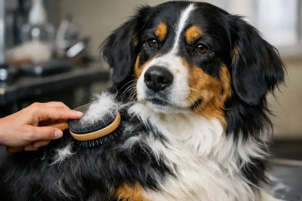 Detailed close-up of gently brushing a Coltreiver's long, soft wavy double coat to manage shedding, with visible fur strands and a calm dog's profile, essential care tip for high-maintenance mixes in 2026.