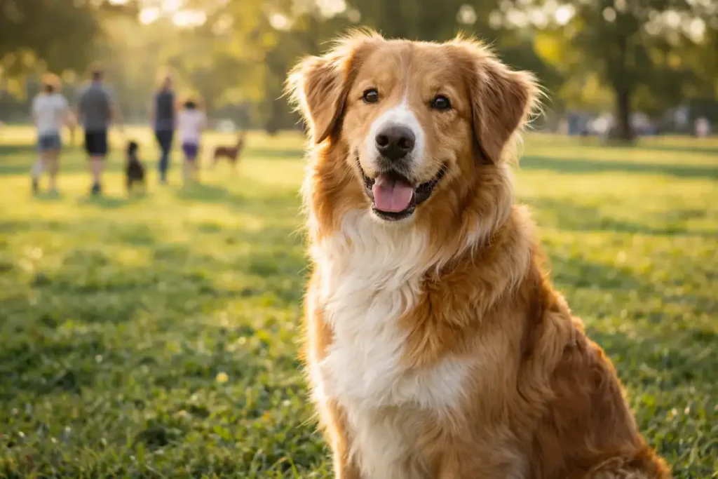A happy Coltreiver (Golden Retriever and Border Collie mix) sitting attentively in a lush green park, with a wavy golden coat and bright eyes, ready for play—perfect for active families in 2026.