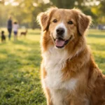 A happy Coltreiver (Golden Retriever and Border Collie mix) sitting attentively in a lush green park, with a wavy golden coat and bright eyes, ready for play—perfect for active families in 2026.