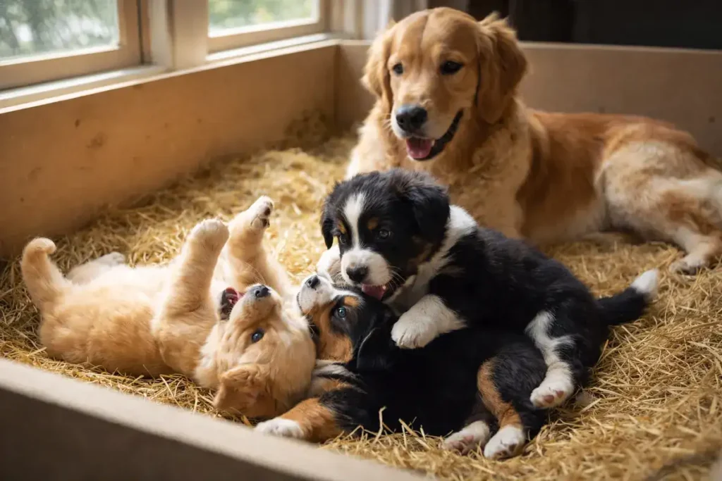 Adorable litter of Coltreiver puppies (Golden Retriever x Border Collie mix) tumbling together in a whelping box, with a watchful mother nearby, highlighting genetic diversity and the importance of health-tested parents for 2026 adoptions.