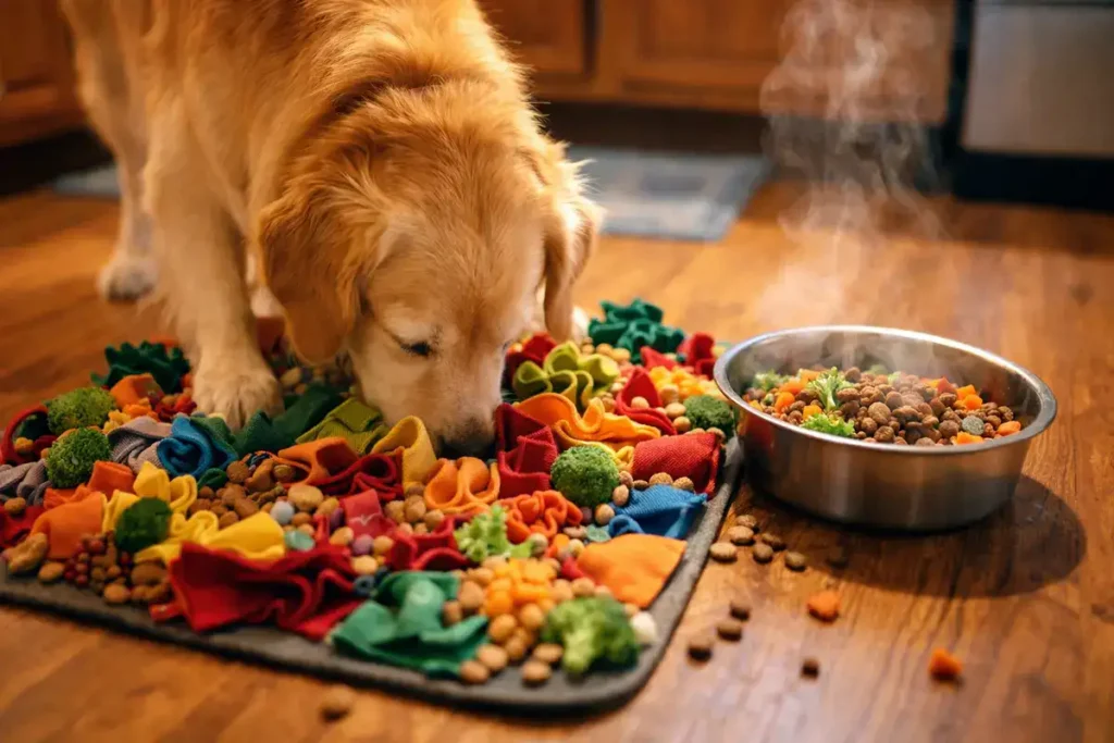 A focused Coltreiver (Golden Retriever x Border Collie mix) sniffing and foraging in a colorful snuffle mat filled with hidden treats, promoting mental stimulation and slower eating to prevent bloating—ideal diet tip for active dogs in 2026.