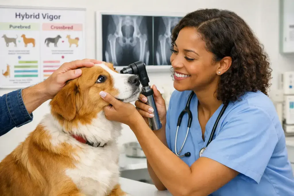 A calm Coltreiver (Golden Retriever x Border Collie mix) on a vet exam table during a gentle eye and hip screening, with a smiling veterinarian and attentive owner, promoting early detection for longevity in 2026.