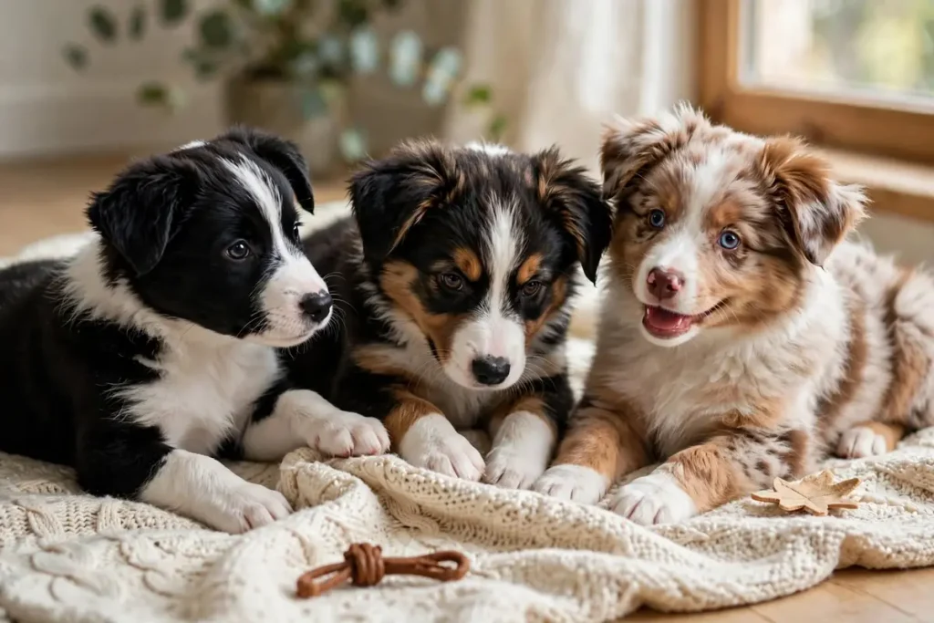 Three adorable puppies lying side by side on a cream knitted blanket: a black-and-white Border Collie on the left, a tricolor puppy in the middle, and a red merle Australian Shepherd puppy with blue eyes on the right